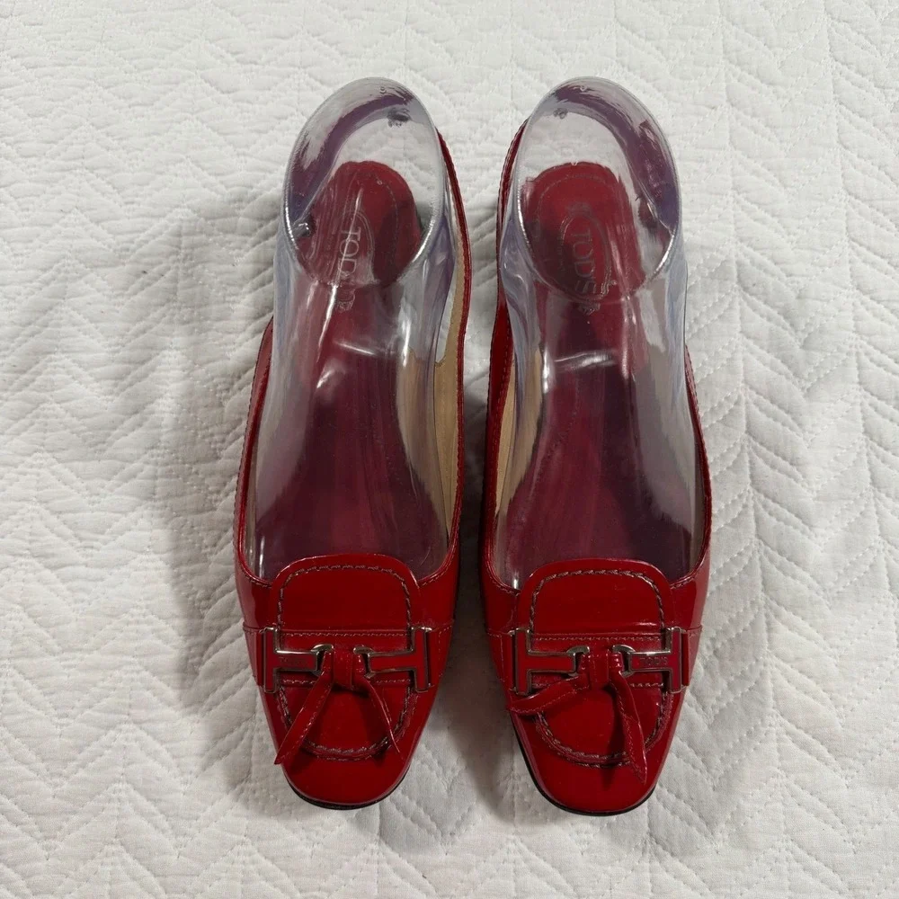 Tods Red‎ Patent Leather Slingback Loafer Flats Women 7.5 (EU 38) Italy Designer